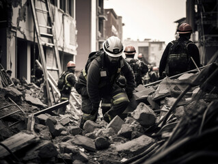 Firefighters looking for survivors after an earthquake
