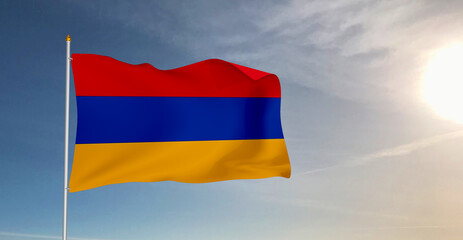 Armenia national flag cloth fabric waving on beautiful grey sky Background.