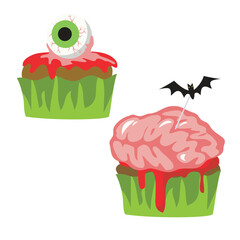 Clipart on white background of a Halloween cupcake brain and eye. Hand drawn vector illustration. Concept for fashion, textile print, books, birthday invitations, greeting cards, posters. 