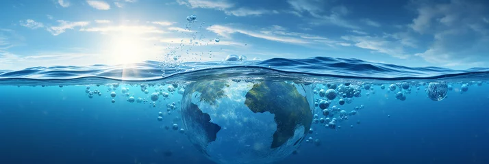 Fotobehang Earth floating in the water. Global warming concept. 3D rendering. Banner. © Maria