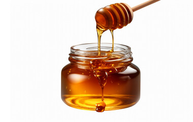 Dripping meadow organic natural honey from wooden dipper into a pot on pure raw sweet goodness isolated on a transparent background   generative Ai