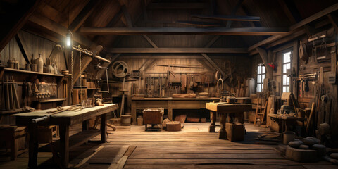 Woodworking workshop. mid - century era. An old brick shed type wood worker or carpenter's work place with old tools on the wall and rustic feel.