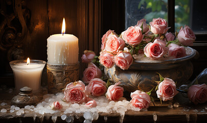 Aromatherapy, still life with roses, oils, candles, soap.