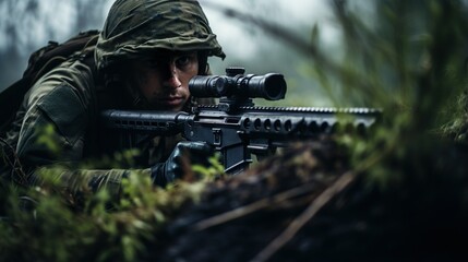Fototapeta premium Soldier with rifle in position made with Ai generative technology, Person is fictional