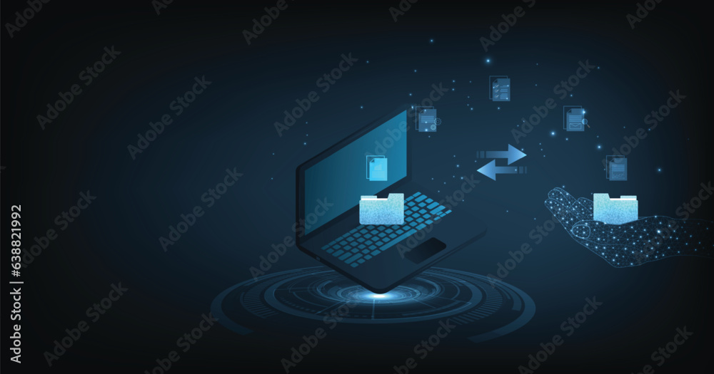 Poster Document management and Data transfer through cloud technology. Exchange data with modern internet technology on a dark blue background. Files data system relocation concept.
