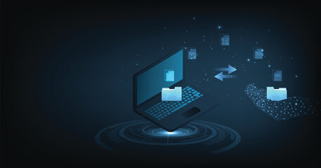 Document management and Data transfer through cloud technology. Exchange data with modern internet technology on a dark blue background. Files data system relocation concept.