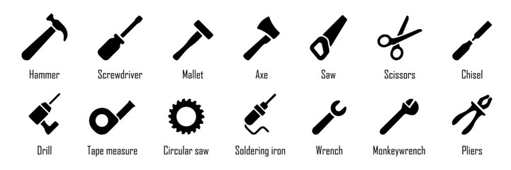 Tools icon collection. Construction instrument icon collection. Set of black tools icon for industrial, construction, mechanic