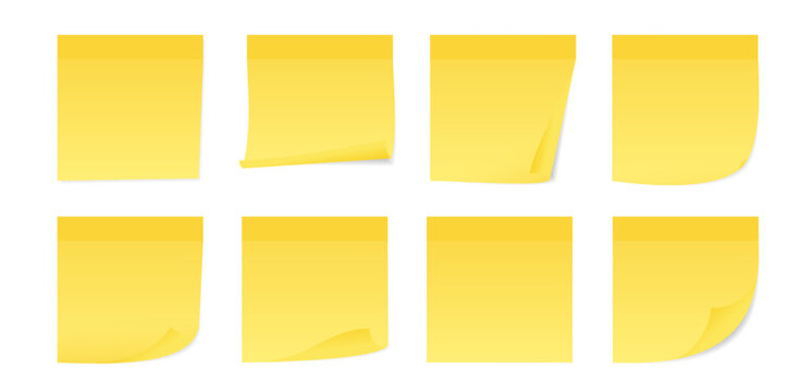 Blank yellow sticky notes with shadow. Office yellow paper sticker with curl corner. Set of blank post it notes. Sticky note collection