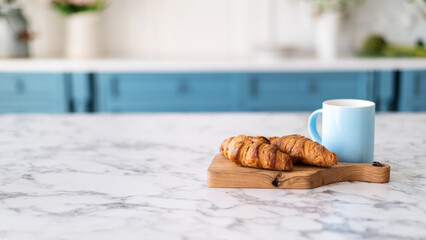 Tasty breakfast on marble countertop in blurred background