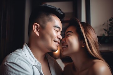 Fototapeta premium portrait, love and couple in home together with smile on face while bonding at weekend
