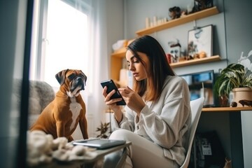 woman, thinking and phone with dog in home for social media website browsing
