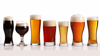 Different beers in glasses with foamy tops and condensation. A variety of beers in glass glasses. Craft beer set on a white background. Different kinds of beer on white background.