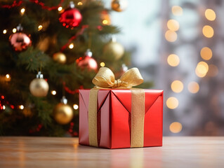 Red new year gift box with a decorative bow on the background of a green Christmas tree