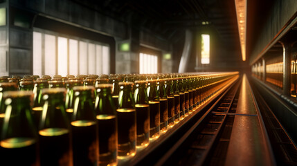 Bottles on the conveyor. Green glass containers for drinks. Beer packaging line.