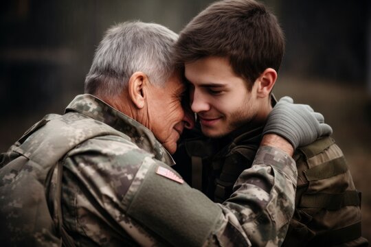 Military reunion father son happy. Generate AI