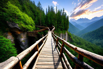 Fototapeta na wymiar wooden bridge over mountain river