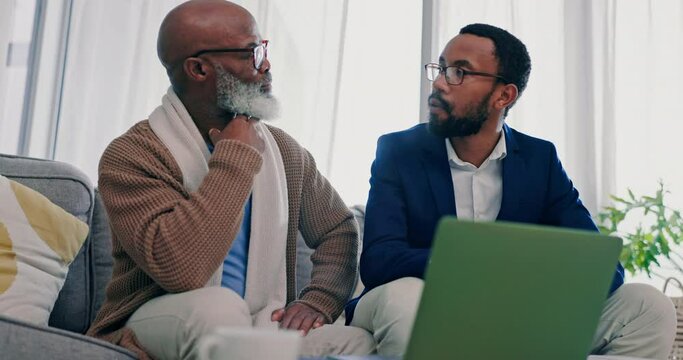 Financial advisor, senior man and laptop for asset management, retirement planning or finance advice. African men on sofa for home meeting, computer information and show pension, budget or investment