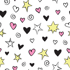 Vector seamless pattern of simple bright elements - stars hearts spirals helixes. Background, texture for greeting cards, wrapping paper, fabric. Holiday backdrop, Valentine's day, birthday, firework