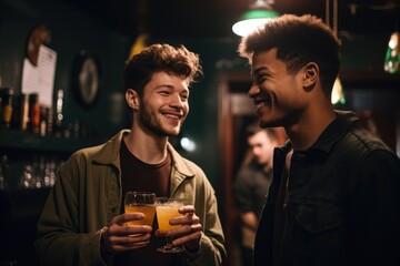 shot of two friends having drinks at an open mic event