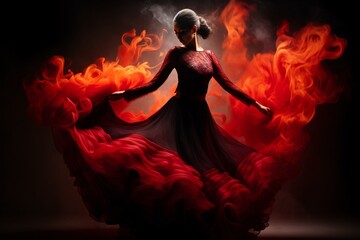 the fervent steps of a Flamenco dancer. The crimson shades of her flowing dress blend into a smoky,...
