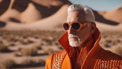 A high-fashion photo featuring an old male model in orange outfit avant-garde futuristic design. Desert landscape as a background.