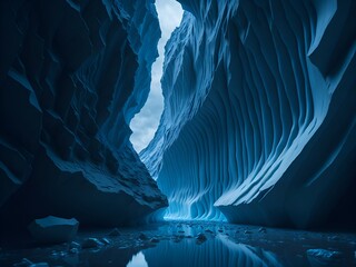 Photo of a stunning ice cave with a mesmerizing pool of crystal-clear water - obrazy, fototapety, plakaty