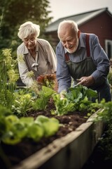 shot of two seniors gardening outside together