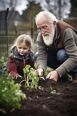 Naklejka na ściany i meble portrait of a senior man showing a child how to plant vegetables in the soil outside