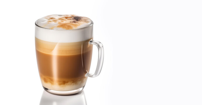 Glass cup of coffee latte isolated on white background with space for text. 