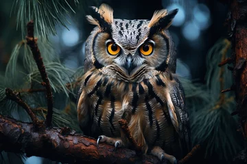 Kussenhoes Fluffy beautiful owl bird sitting on branch in forest and looking at camera © Sergio