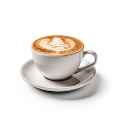 White cup with cappuccino on white background. Coffee drink with Latte art. Coffee composition for the cover, logo, menu. 