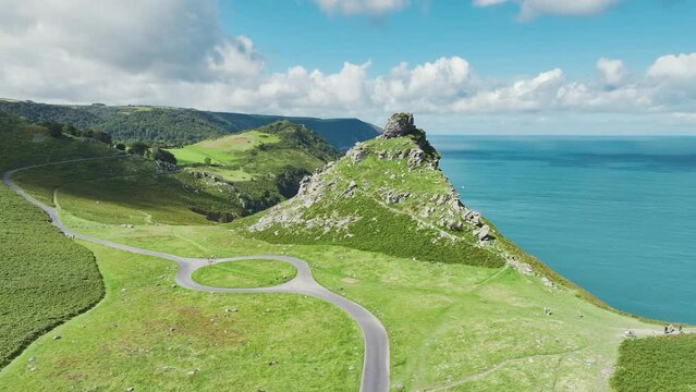 Valley of Rocks from a drone, S W Coast Path, Lynton, Exmoor National Park, Devon, England