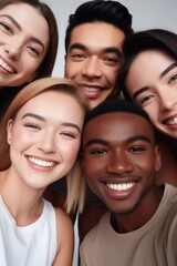 cropped shot of a diverse group of friends taking selfies together against a grey background