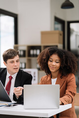 Obraz premium Business team present. professional investor working new start up project. tablet laptop computer with digital marketing media in the office.