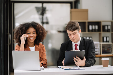 Business team present. professional investor working new start up project. tablet laptop computer with digital marketing media in the office.