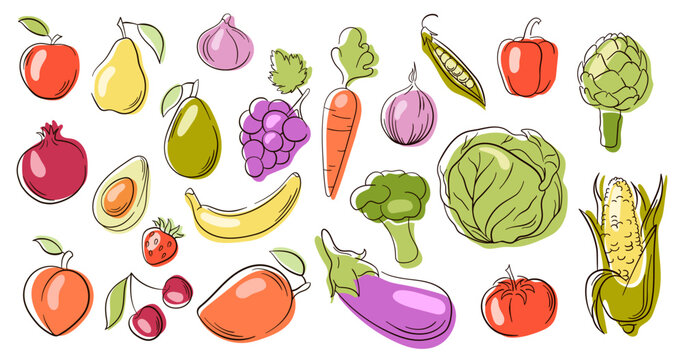 Fruits and vegetables collection in a line art, flat style. Mango, corn,, cherry, strawberry, eggplant, avocado, carrot. Vector illustration isolated on a white background.