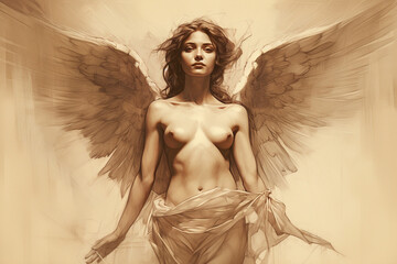 Culture and religious concept. Paper pencil or charcoal sketch of an angel on yellow aged and grunge paper. Beautiful woman portrait with wings. Generative AI