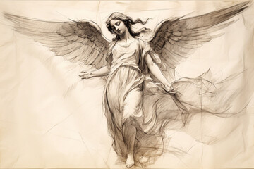 Culture and religious concept. Paper pencil or charcoal sketch of an angel on yellow aged and grunge paper. Beautiful woman portrait with wings. Generative AI - obrazy, fototapety, plakaty