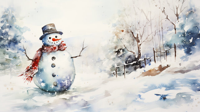 Snowman, watercolor illustration in retro style. Winter landscape on a sunny day.