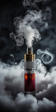 Brendless Vape pod among clouds of smoke on dark background. Creative concept for vertical banner or stories for vape shop. 