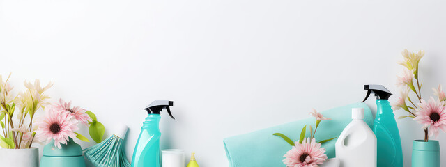 Cleaning home, banner with copy space. A creative composition of cleaning products and appliances for housework.