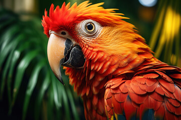 Close-up of a beautiful red parrot in jungle looking at camera