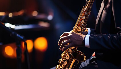 Saxophonist. Close-up of a saxophone in the hands of a musician