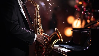 Saxophonist playing the saxophone on a dark background. Close-up. - obrazy, fototapety, plakaty