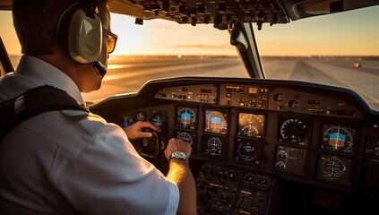 Pilot in the cockpit of a plane during flight at sunset.