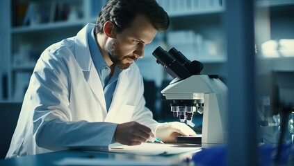 Serious male scientist looking through microscope in laboratory.