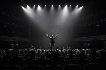 Rear view of a man with raised hands in front of the audience - obrazy, fototapety, plakaty