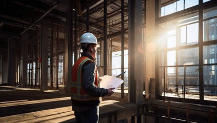 Engineer or architect in hardhat with blueprint at construction site.