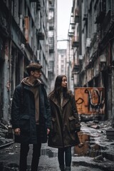 Fototapeta na wymiar shot of a young couple exploring a dystopian city