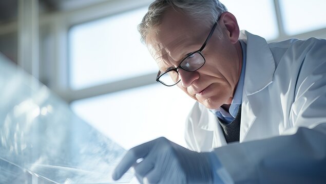 Serious mature scientist looking at x-ray image in his laboratory